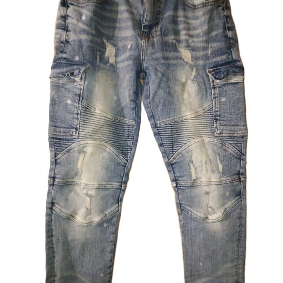 Supply & Demand Moto Jeans Mens 34X33 Blue Skinny Stretch Distressed Streetwear - Picture 9 of 9